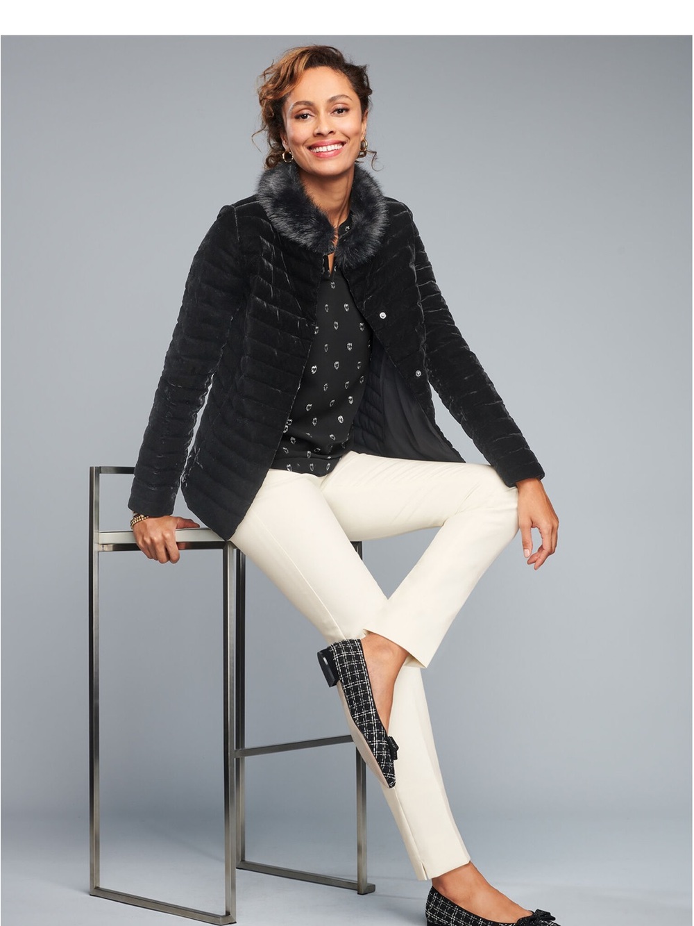 Talbots sz 14 black quilted down filled jacket with faux fur trim collar